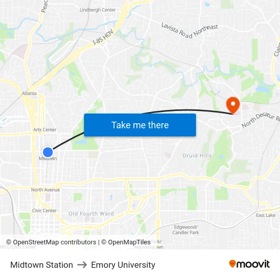 Midtown Station to Emory University map