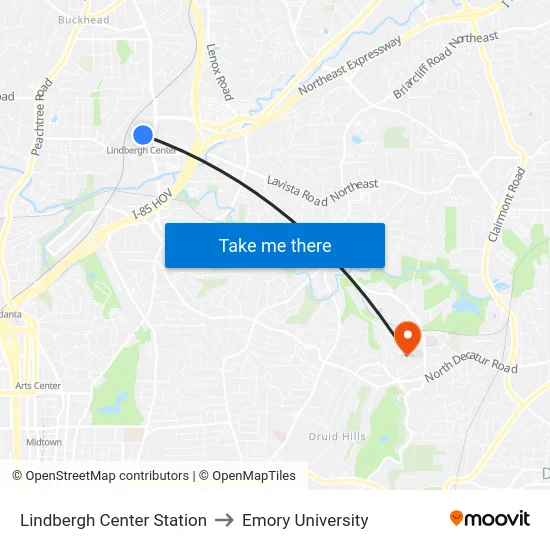 Lindbergh Center Station to Emory University map