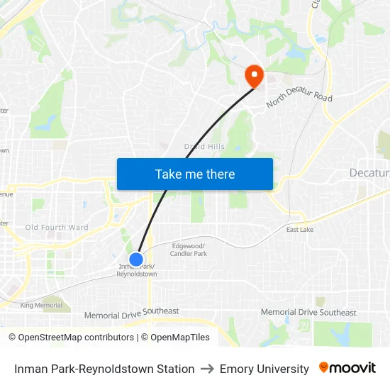 Inman Park-Reynoldstown Station to Emory University map