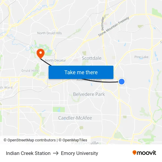 Indian Creek Station to Emory University map