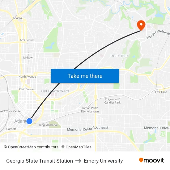 Georgia State Transit Station to Emory University map