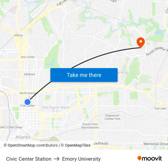 Civic Center Station to Emory University map