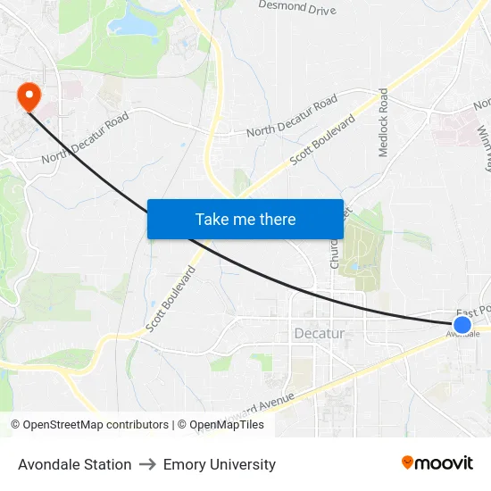 Avondale Station to Emory University map