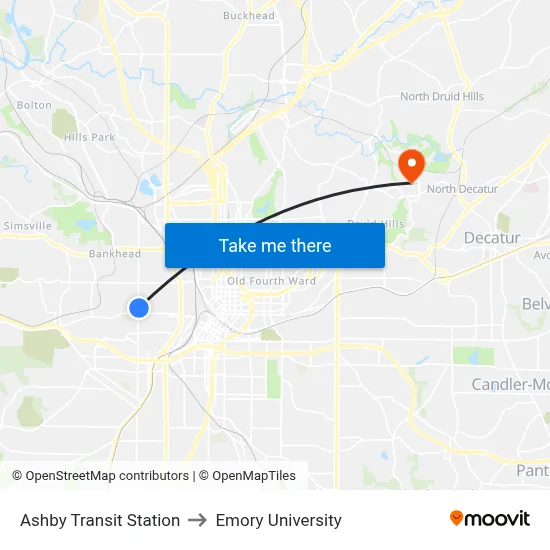 Ashby Transit Station to Emory University map