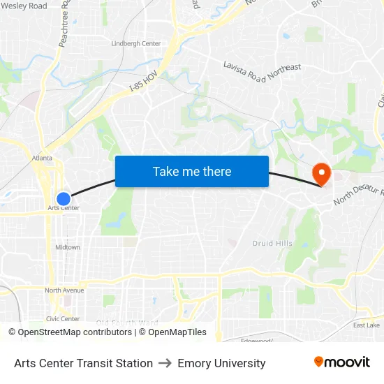 Arts Center Transit Station to Emory University map