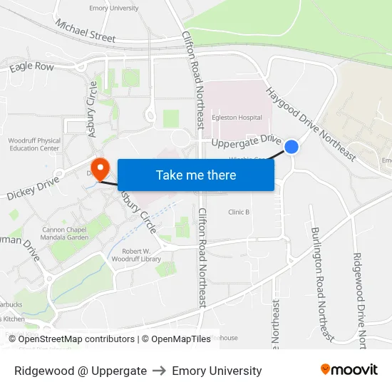 Ridgewood @ Uppergate to Emory University map