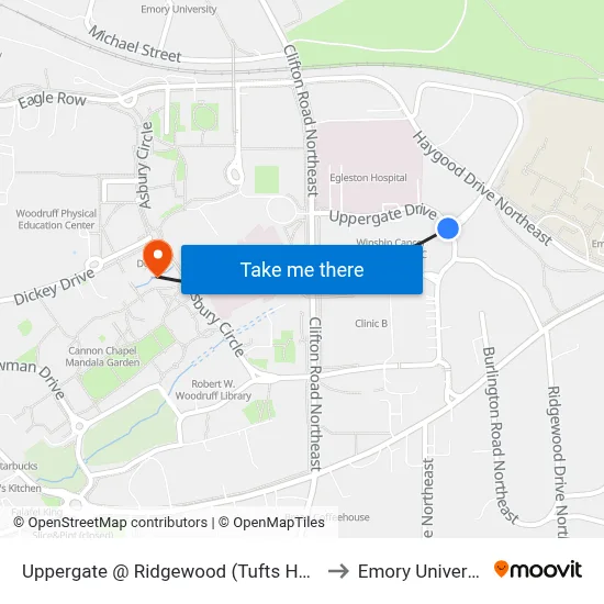 Uppergate @ Ridgewood (Tufts House) to Emory University map