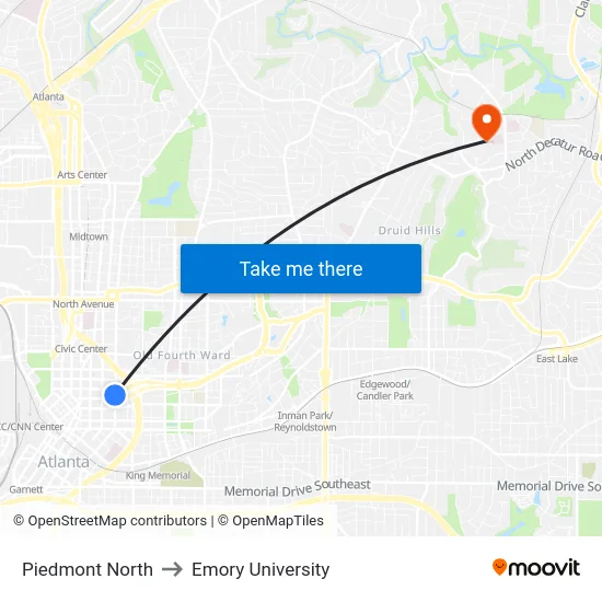 Piedmont North to Emory University map