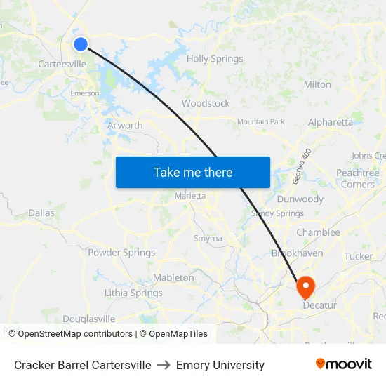 Cracker Barrel Cartersville to Emory University map