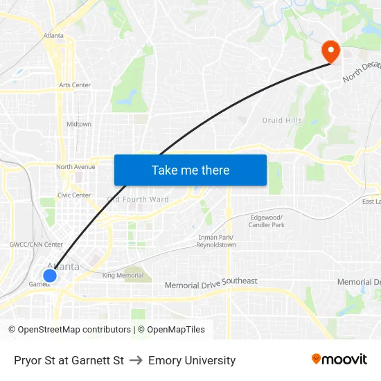 Pryor St at Garnett St to Emory University map