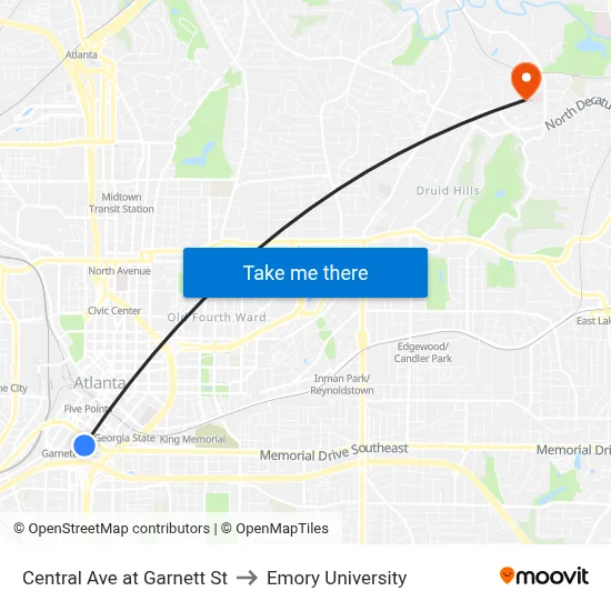 Central Ave at Garnett St to Emory University map