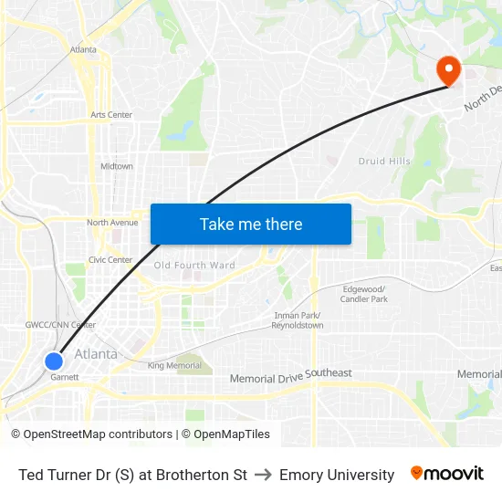 Ted Turner Dr (S) at Brotherton St to Emory University map