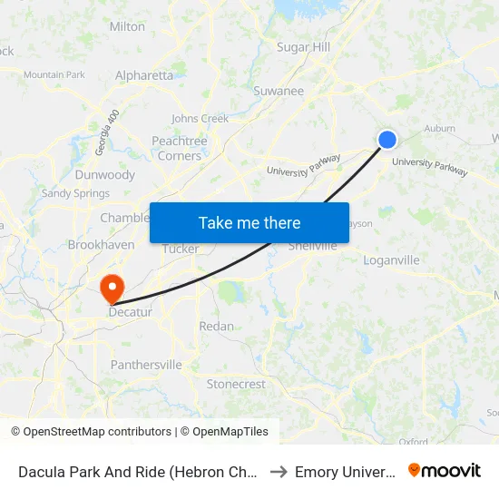 Dacula Park And Ride (Hebron Church) to Emory University map