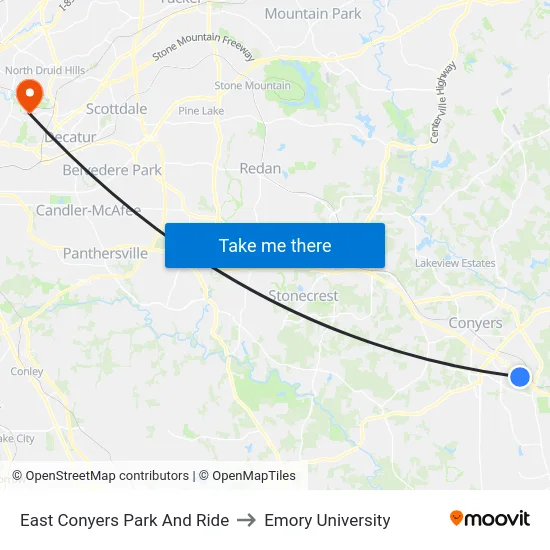 East Conyers Park And Ride to Emory University map