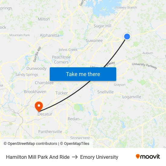 Hamilton Mill Park And Ride to Emory University map