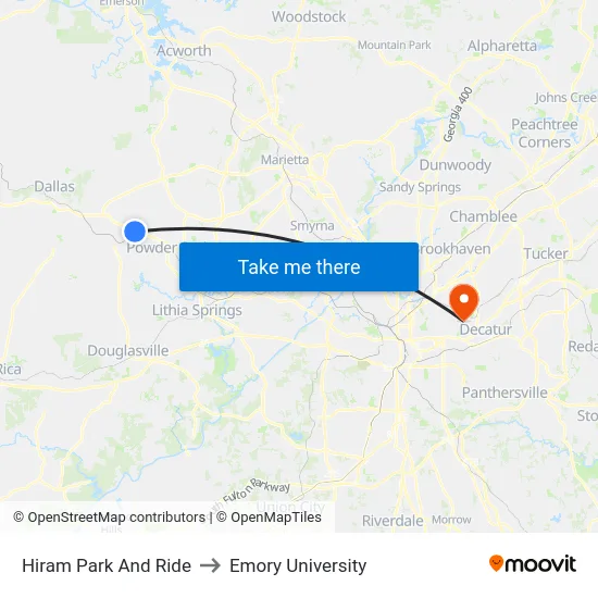 Hiram Park And Ride to Emory University map