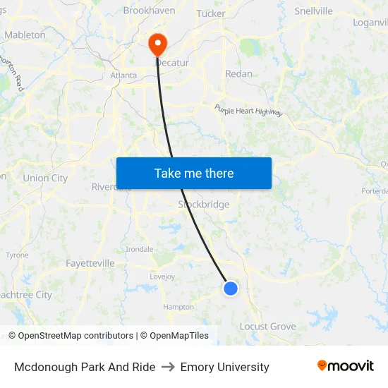 Mcdonough Park And Ride to Emory University map