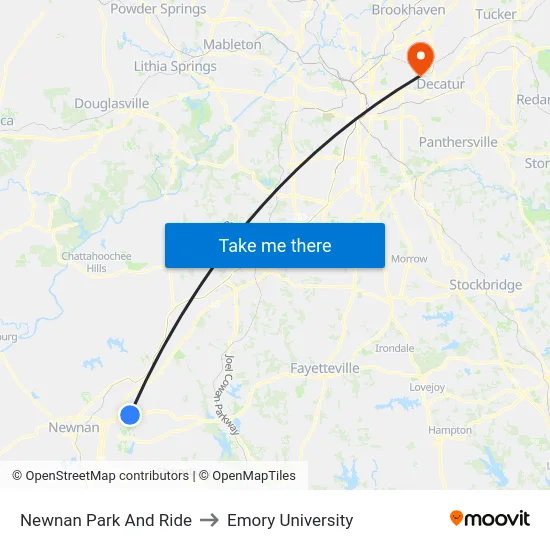 Newnan Park And Ride to Emory University map