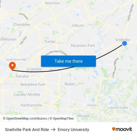 Snellville Park And Ride to Emory University map