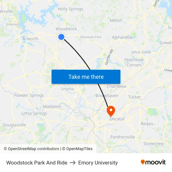 Woodstock Park And Ride to Emory University map
