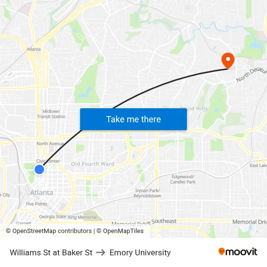 Williams St at Baker St to Emory University map