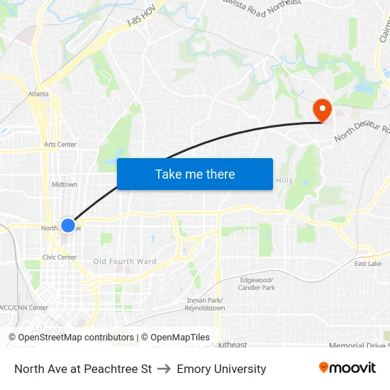 North Ave at Peachtree St to Emory University map