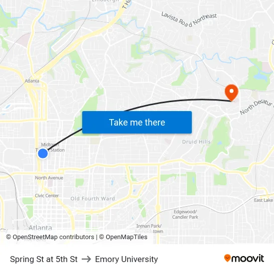 Spring St at 5th St to Emory University map