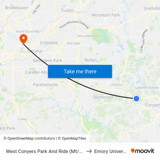 West Conyers Park And Ride (Mt/Peri) to Emory University map