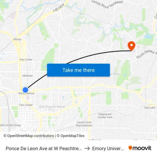 Ponce De Leon Ave at W Peachtree St to Emory University map
