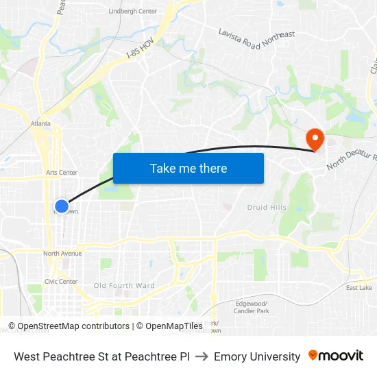 West Peachtree St at Peachtree Pl to Emory University map