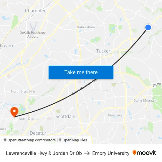 Lawrenceville Hwy & Jordan Dr Ob to Emory University map