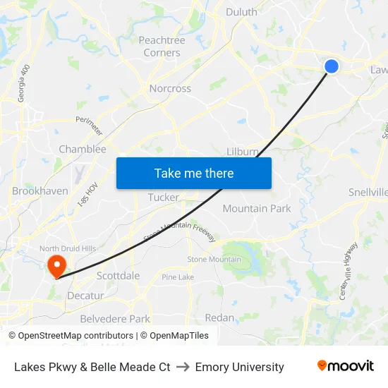 Lakes Pkwy & Belle Meade Ct to Emory University map