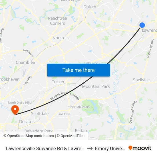 Lawrenceville Suwanee Rd & Lawrenceville to Emory University map