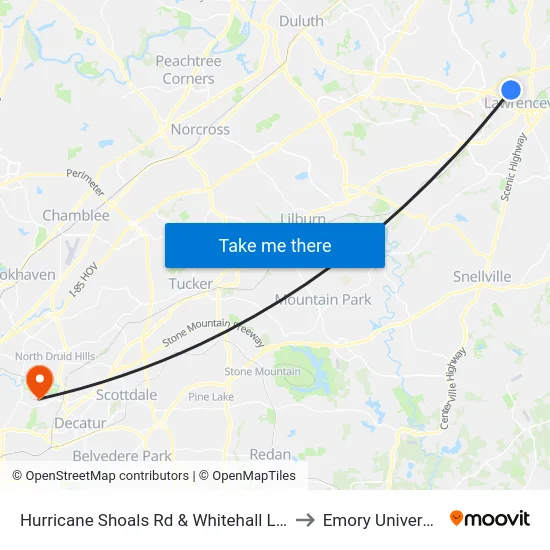 Hurricane Shoals Rd & Whitehall Ln Ib to Emory University map
