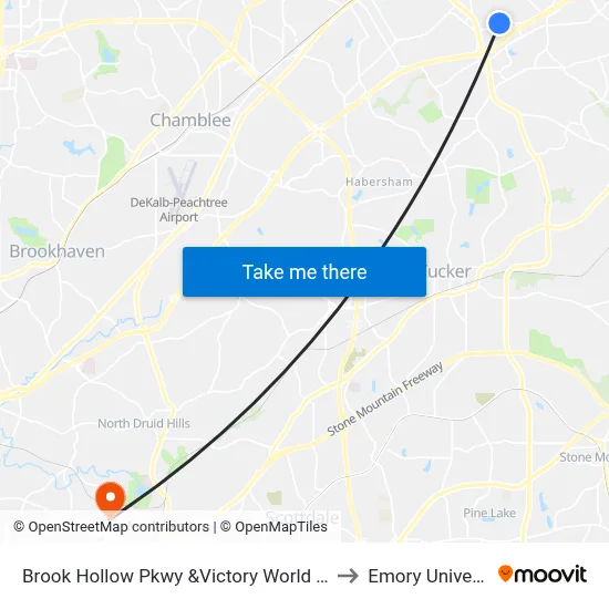 Brook Hollow Pkwy &Victory World Church to Emory University map