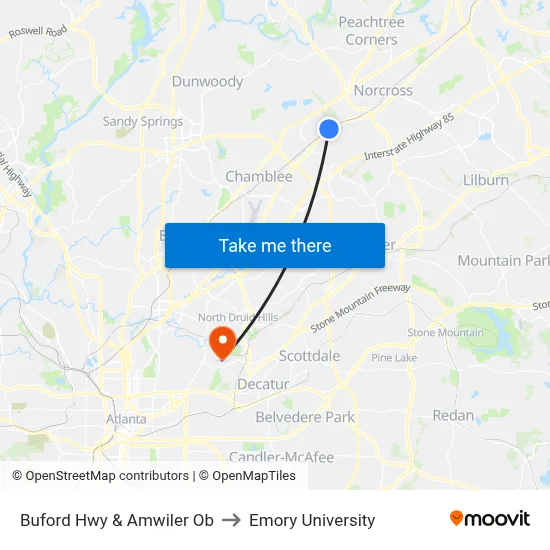 Buford Hwy & Amwiler Ob to Emory University map