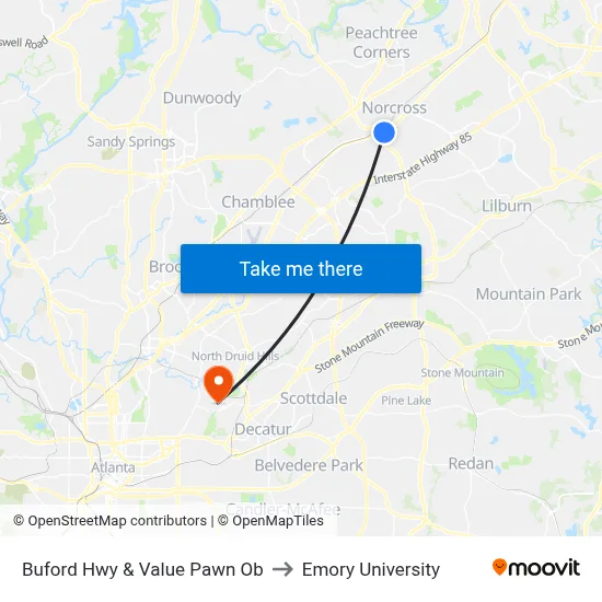 Buford Hwy & Value Pawn Ob to Emory University map