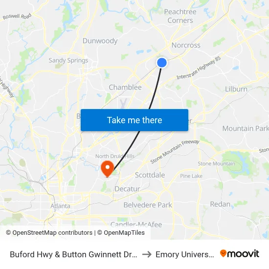 Buford Hwy & Button Gwinnett Dr Ib to Emory University map
