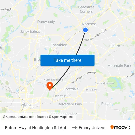 Buford Hwy at Huntington Rd Apts Ib to Emory University map