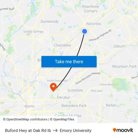 Buford Hwy at Oak Rd Ib to Emory University map