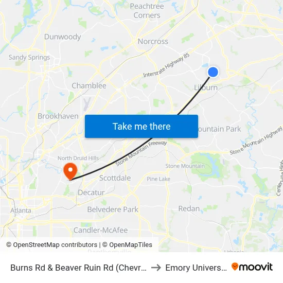 Burns Rd & Beaver Ruin Rd (Chevron) to Emory University map