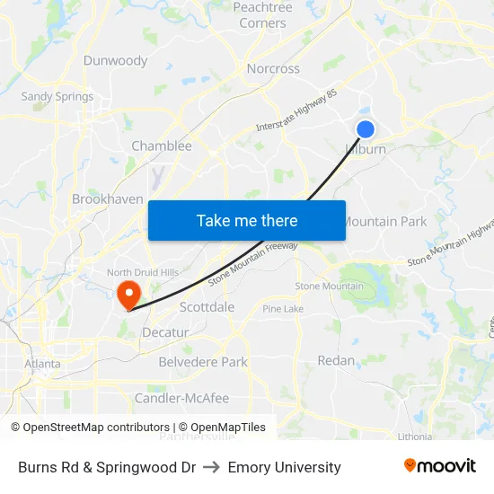 Burns Rd & Springwood Dr to Emory University map