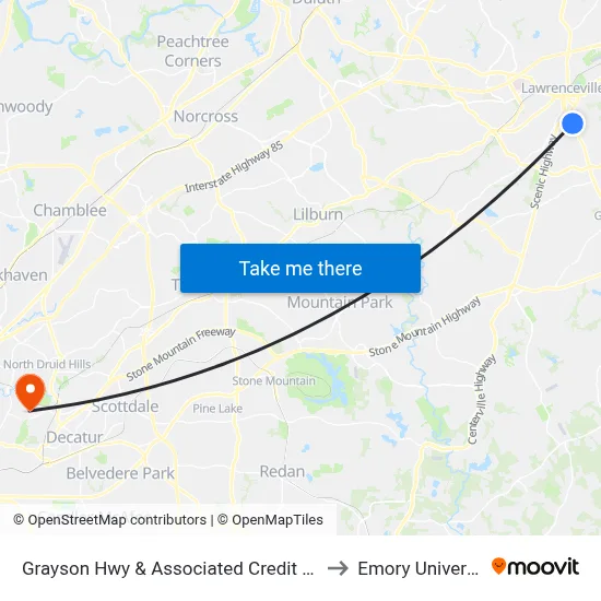 Grayson Hwy & Associated Credit Union to Emory University map