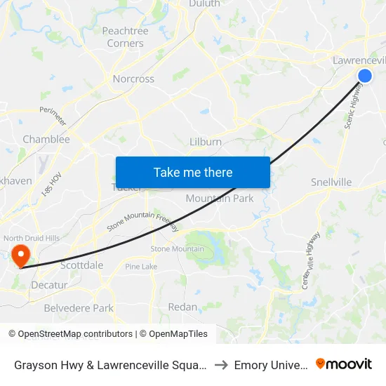 Grayson Hwy & Lawrenceville Square Plaza to Emory University map