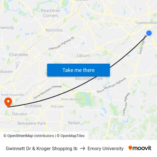 Gwinnett Dr & Kroger Shopping Ib to Emory University map