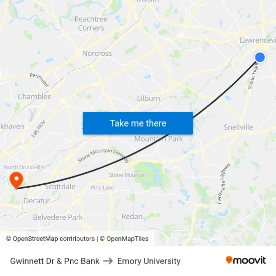 Gwinnett Dr & Pnc Bank to Emory University map