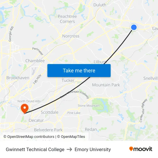 Gwinnett Technical College to Emory University map