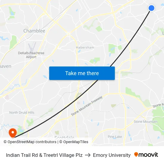 Indian Trail Rd & Treetrl Village Plz to Emory University map
