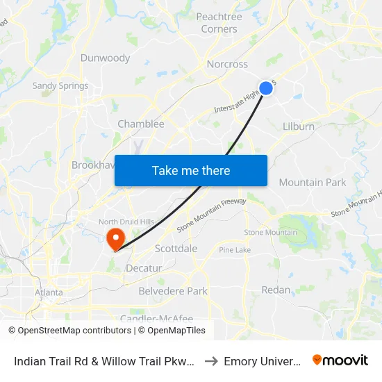 Indian Trail Rd & Willow Trail Pkwy Ob to Emory University map