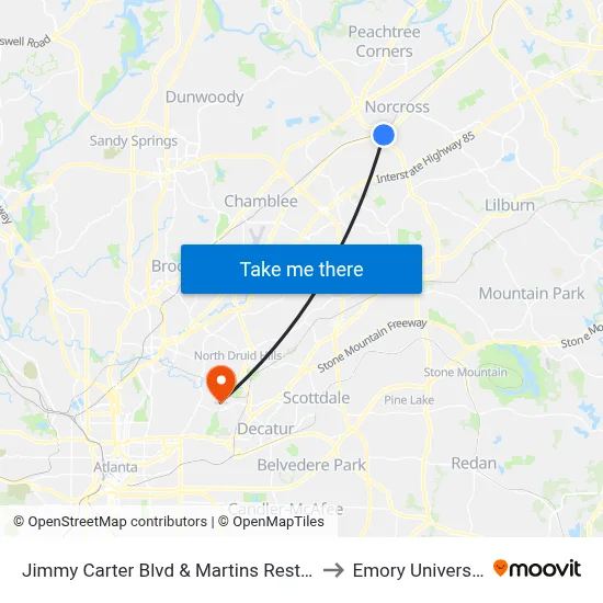 Jimmy Carter Blvd & Martins Rest Ob to Emory University map